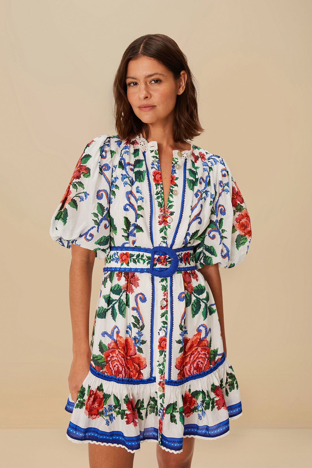 FARM Rio Off-White Flower Tapestry Mini Dress
