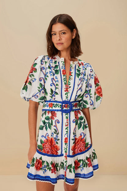 FARM Rio Off-White Flower Tapestry Mini Dress