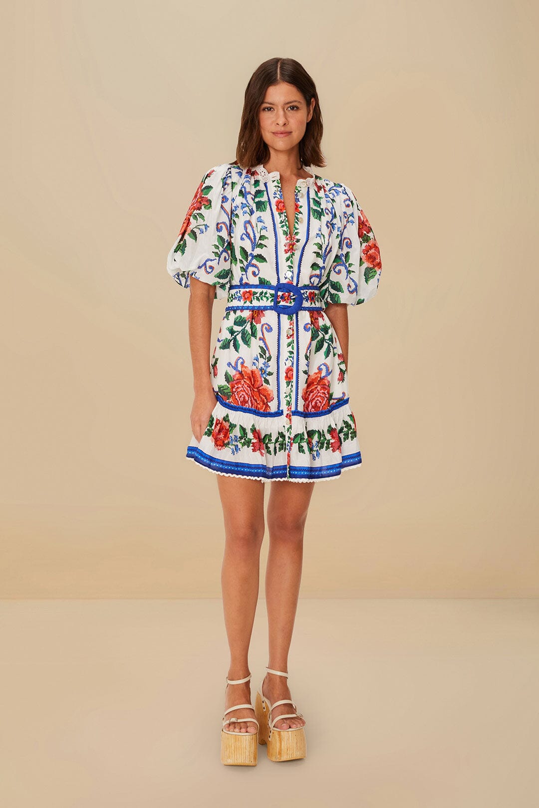 FARM Rio Off-White Flower Tapestry Mini Dress