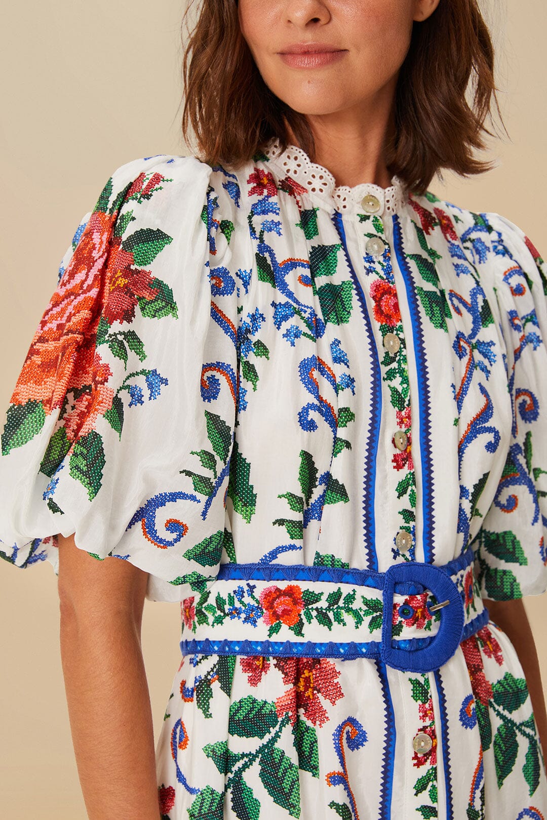 FARM Rio Off-White Flower Tapestry Mini Dress