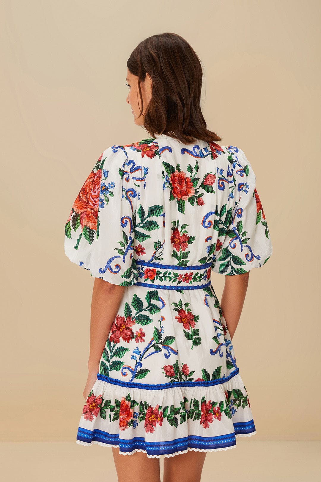 FARM Rio Off-White Flower Tapestry Mini Dress