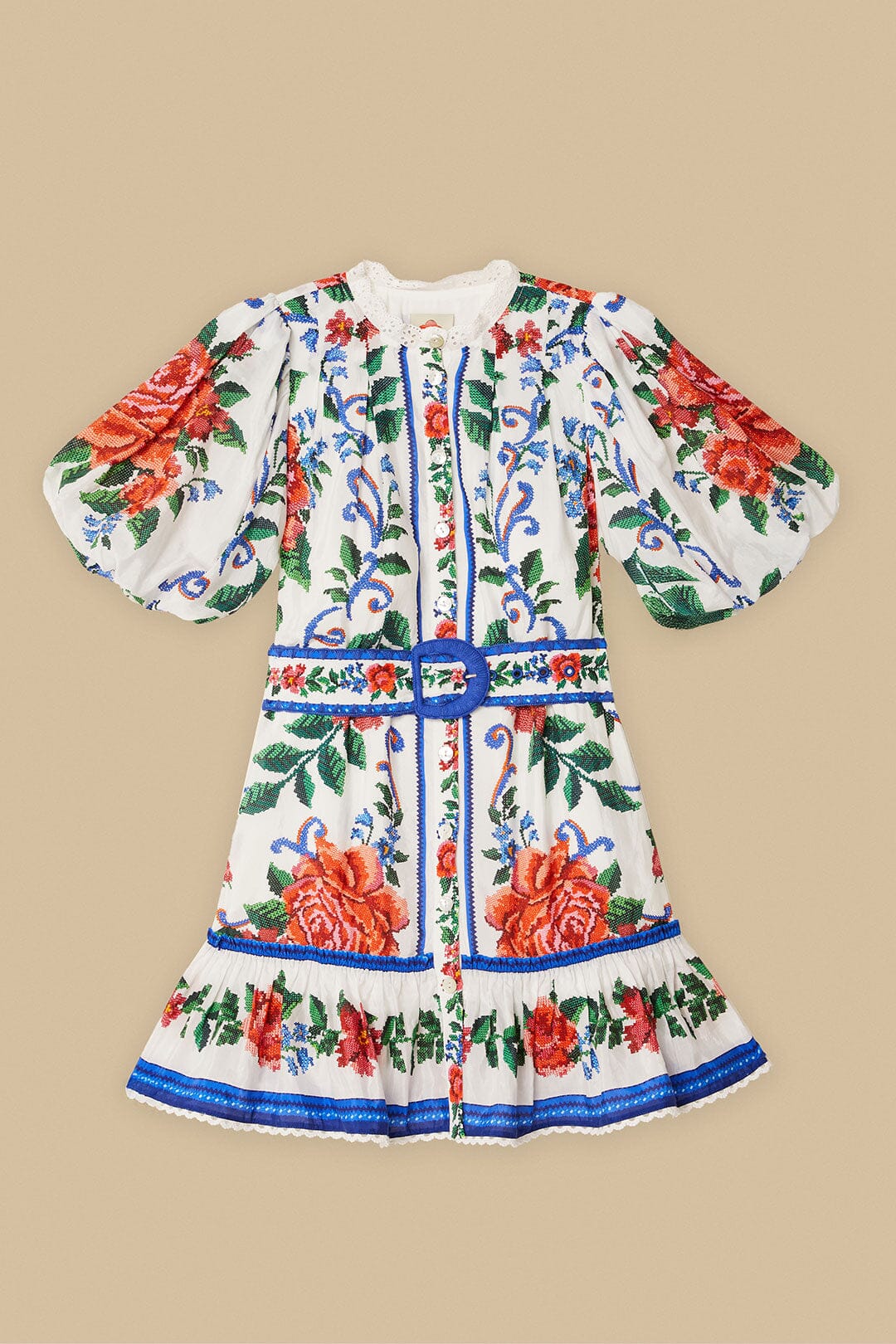 FARM Rio Off-White Flower Tapestry Mini Dress