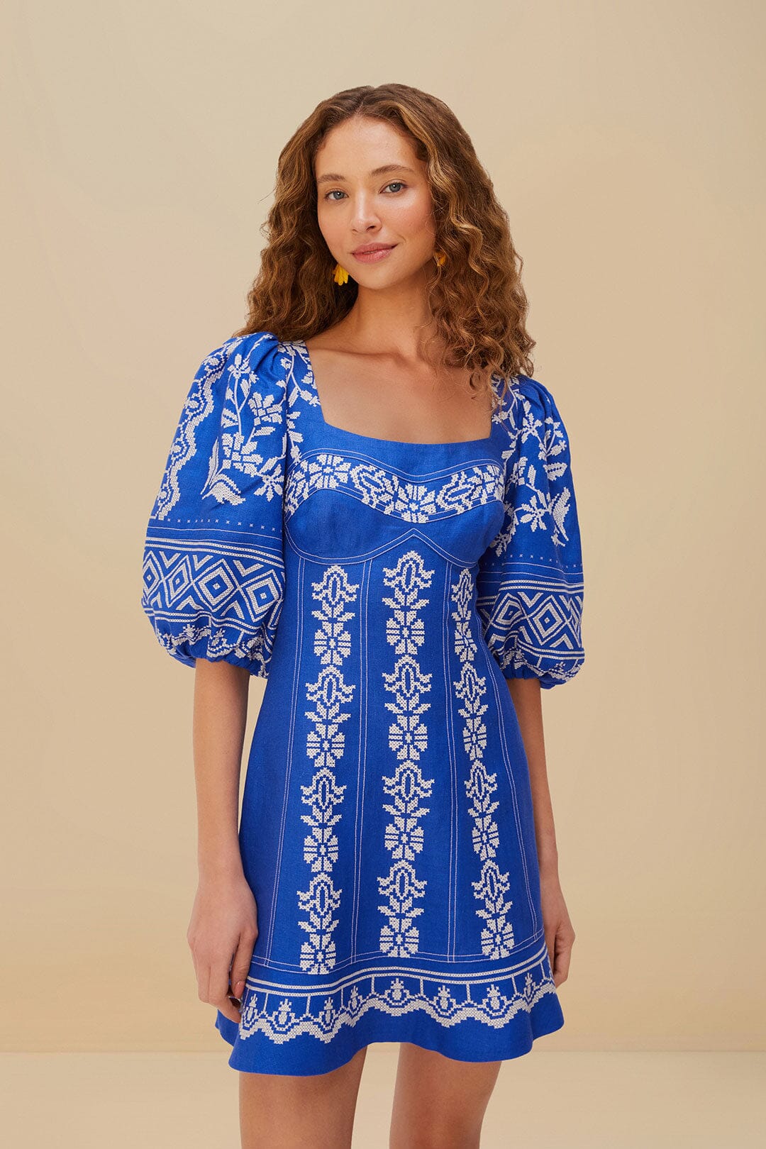 FARM Rio Blue Tropical Cross Stitch Euroflax™ Premium Linen Mini Dress