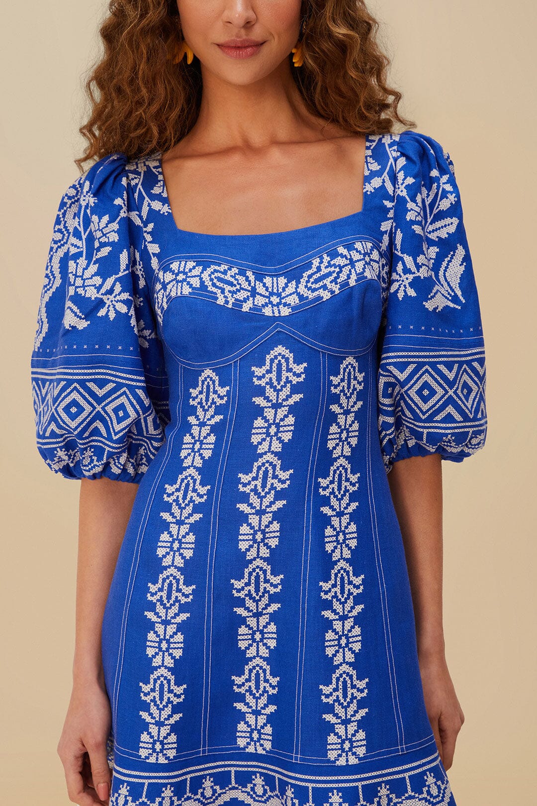FARM Rio Blue Tropical Cross Stitch Euroflax™ Premium Linen Mini Dress