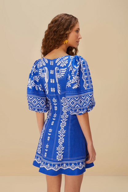 FARM Rio Blue Tropical Cross Stitch Euroflax™ Premium Linen Mini Dress