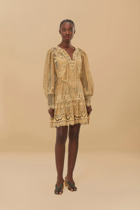 FARM Rio Sand Tropical Flight Guipure Mini Dress