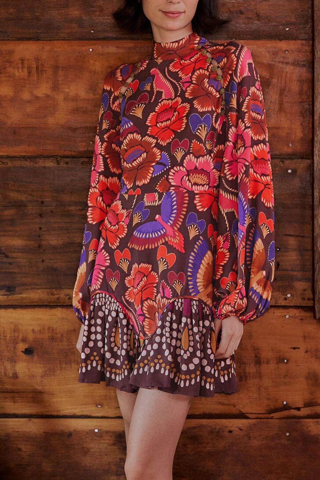 FARM Rio Brown Bright Flora Long Sleeve Mini Dress