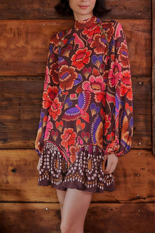 FARM Rio Brown Bright Flora Long Sleeve Mini Dress