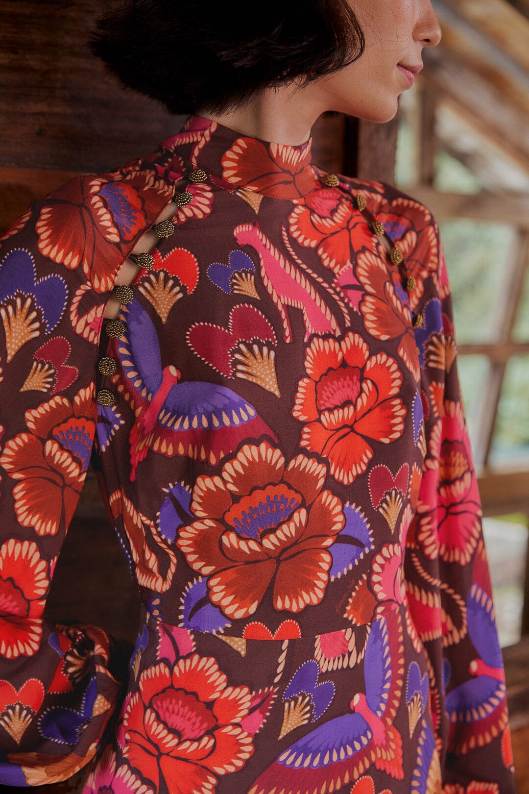 FARM Rio Brown Bright Flora Long Sleeve Mini Dress