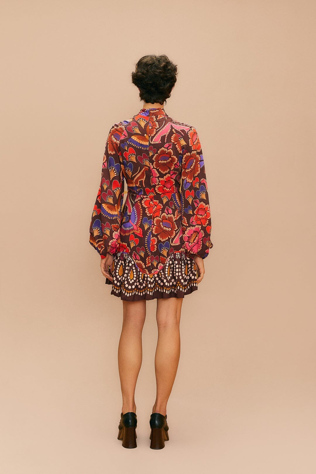 FARM Rio Brown Bright Flora Long Sleeve Mini Dress