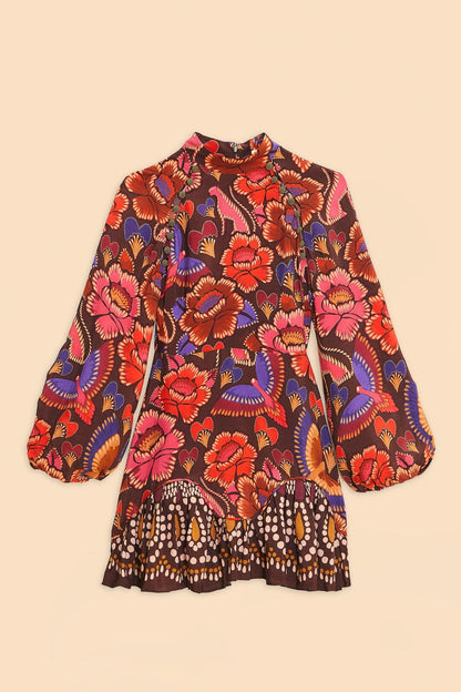 FARM Rio Brown Bright Flora Long Sleeve Mini Dress