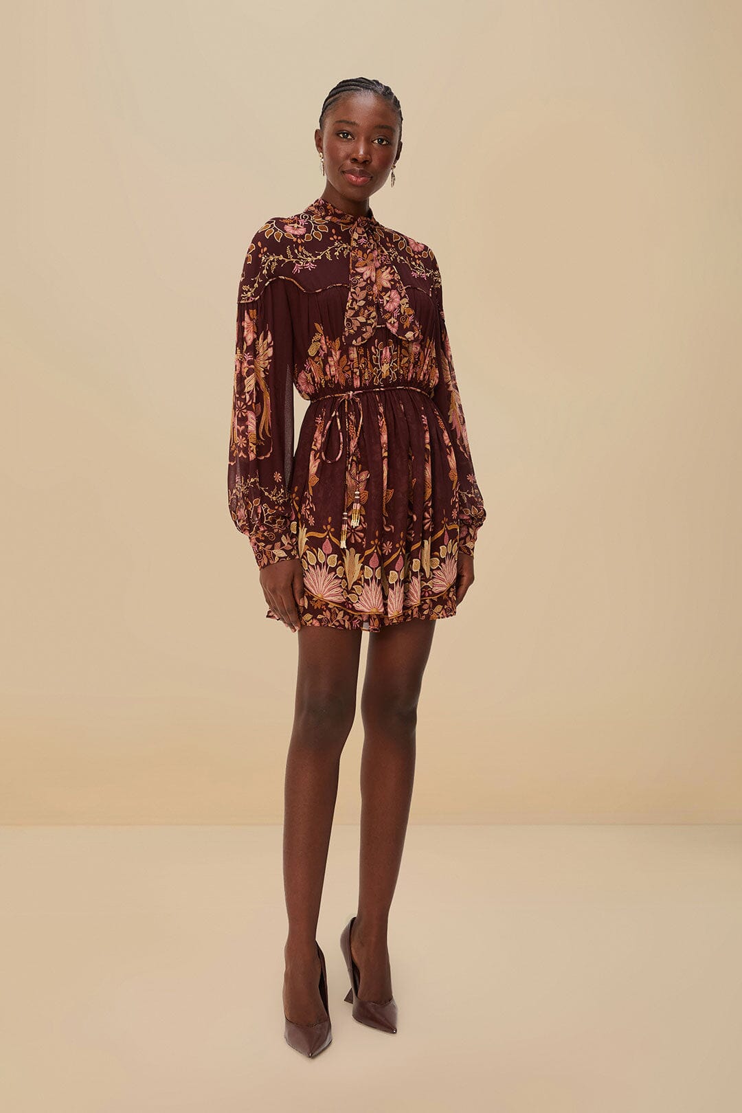 FARM Rio Burgundy Bella Knotted Neckline Mini Dress