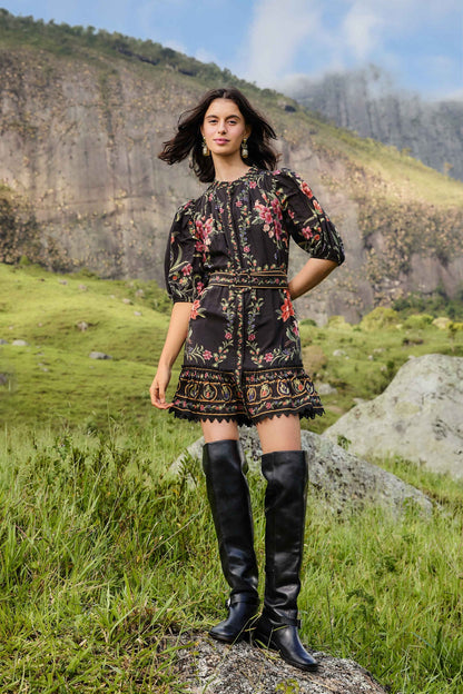 FARM Rio Black Belle Garden Lace Belted Mini Dress | FARM Rio