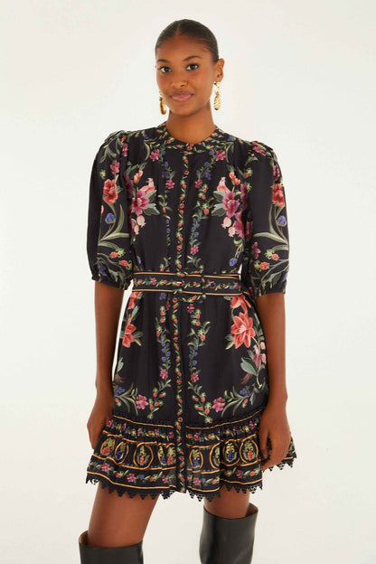 FARM Rio Black Belle Garden Lace Belted Mini Dress | FARM Rio