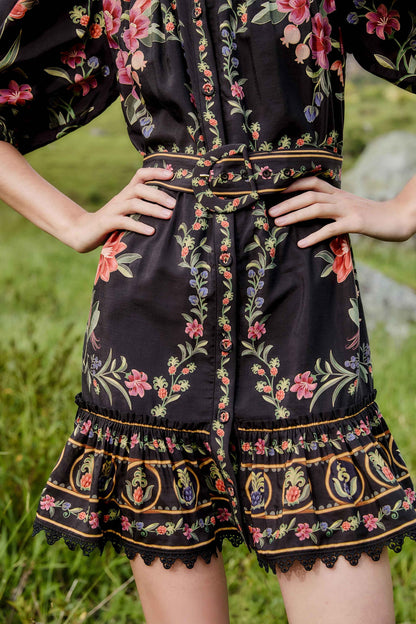 FARM Rio Black Belle Garden Lace Belted Mini Dress | FARM Rio