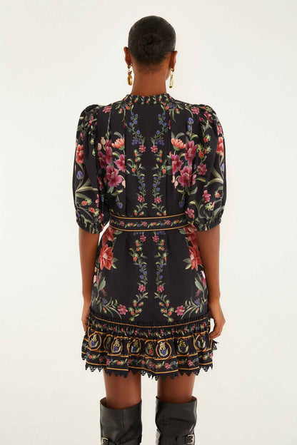 FARM Rio Black Belle Garden Lace Belted Mini Dress | FARM Rio