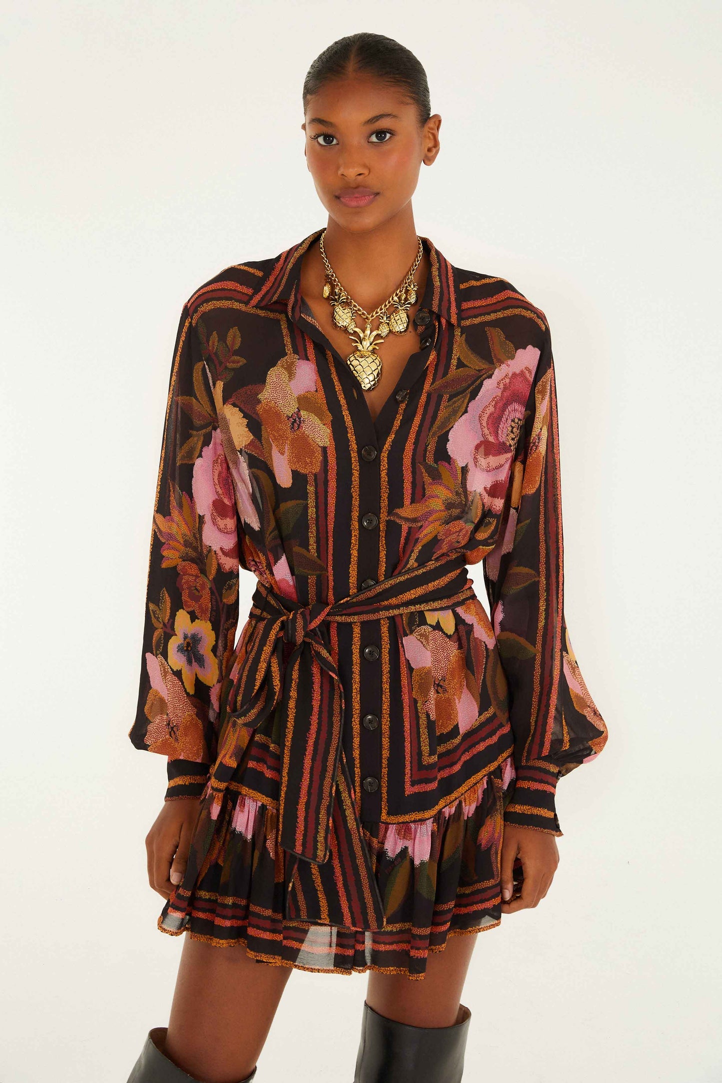 FARM Rio Black Chenille Flowers Belted Long Sleeve Mini Dress | FARM Rio