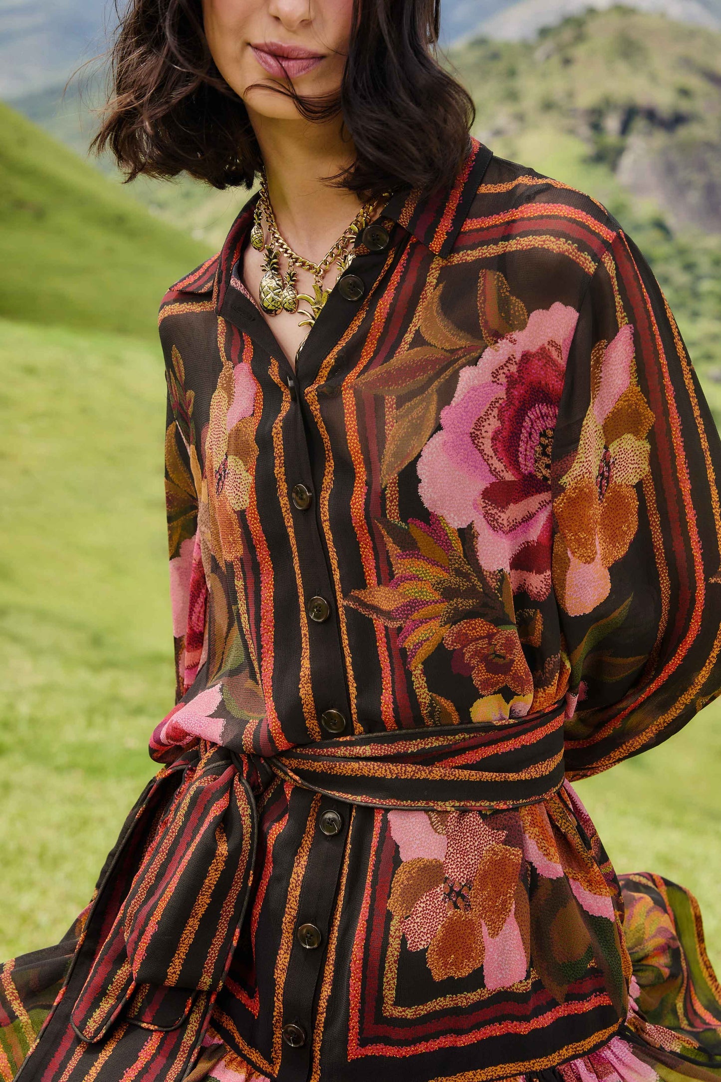 FARM Rio Black Chenille Flowers Belted Long Sleeve Mini Dress | FARM Rio