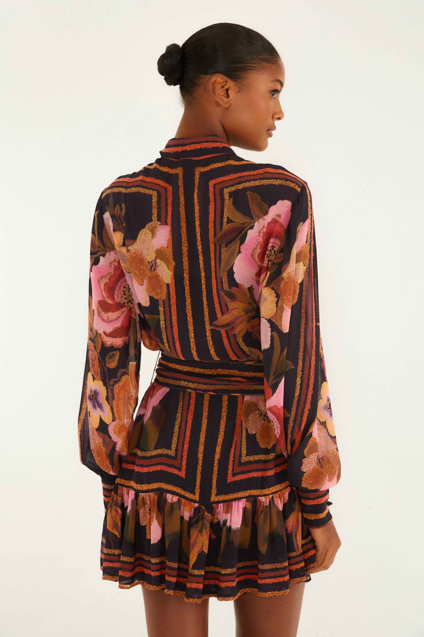 FARM Rio Black Chenille Flowers Belted Long Sleeve Mini Dress | FARM Rio