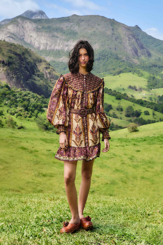 FARM Rio Sand Embroidered Tapestry Long Sleeve Mini Dress | FARM Rio
