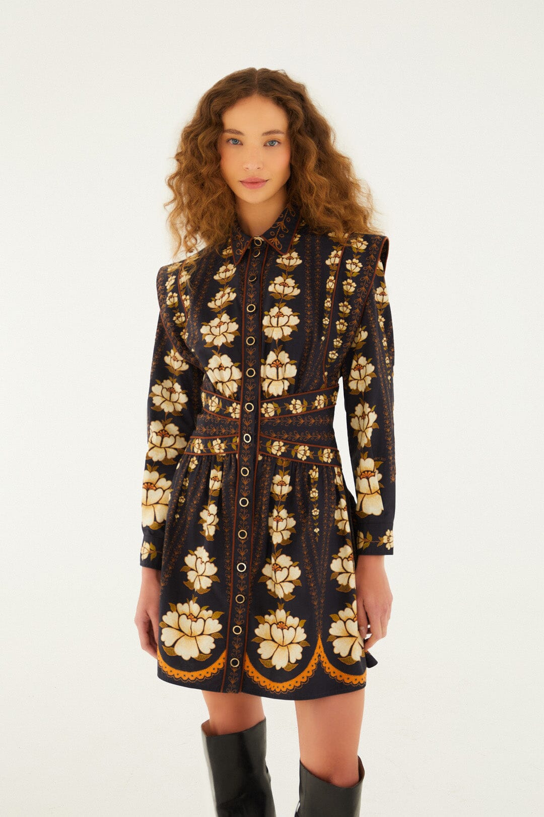 FARM Rio Black Embroidered Flowers Long Sleeve Organic Cotton Mini Dress | FARM Rio