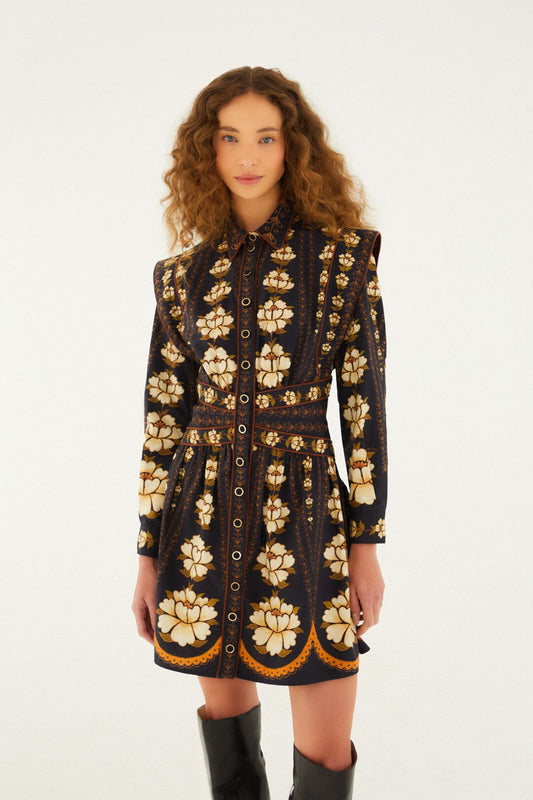 FARM Rio Black Embroidered Flowers Long Sleeve Organic Cotton Mini Dress | FARM Rio
