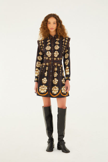 FARM Rio Black Embroidered Flowers Long Sleeve Organic Cotton Mini Dress | FARM Rio
