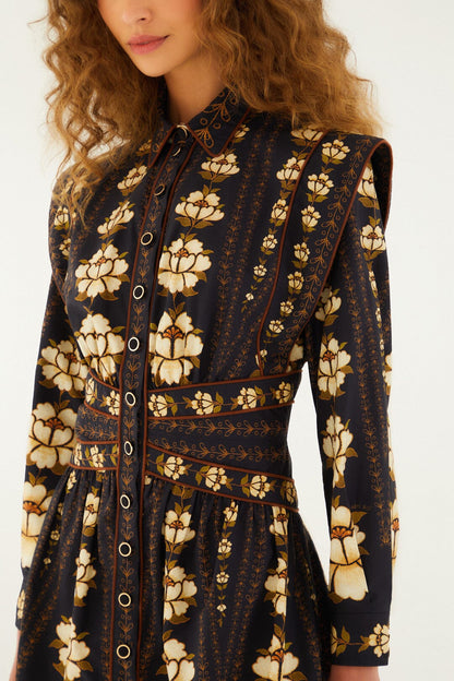 FARM Rio Black Embroidered Flowers Long Sleeve Organic Cotton Mini Dress | FARM Rio