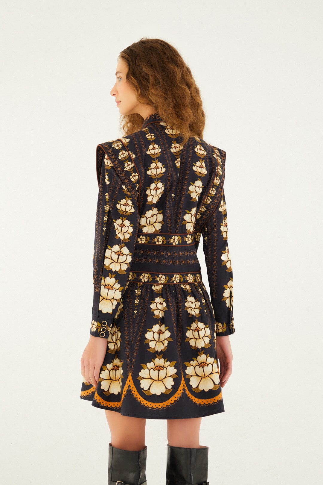 FARM Rio Black Embroidered Flowers Long Sleeve Organic Cotton Mini Dress | FARM Rio
