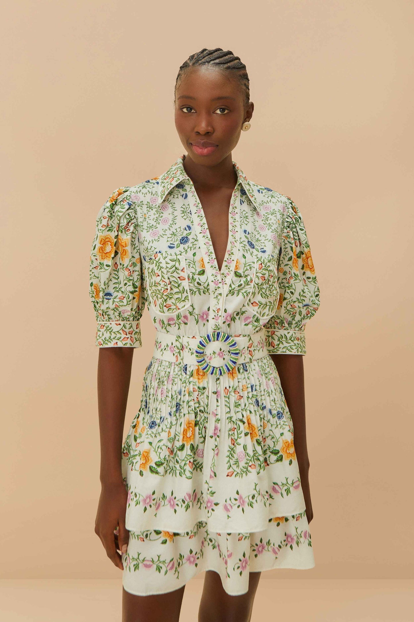 FARM Rio Off-White Folk Floral Short Sleeve Mini Dress