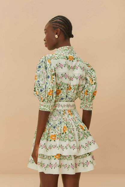 FARM Rio Off-White Folk Floral Short Sleeve Mini Dress