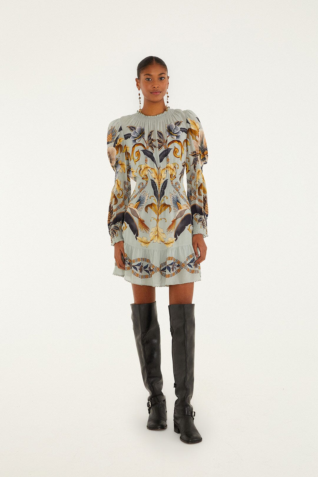 FARM Rio Blue Snake Garden Long Sleeve Mini Dress | FARM Rio