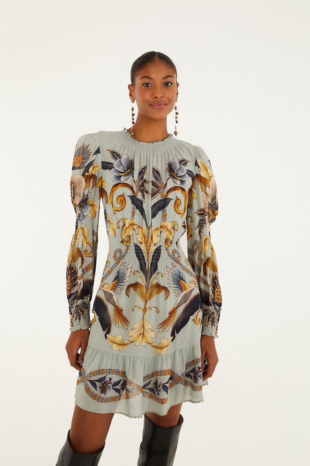 FARM Rio Blue Snake Garden Long Sleeve Mini Dress | FARM Rio