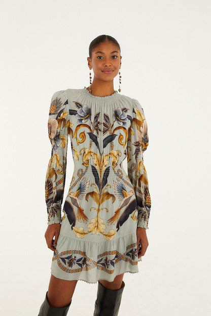 FARM Rio Blue Snake Garden Long Sleeve Mini Dress | FARM Rio