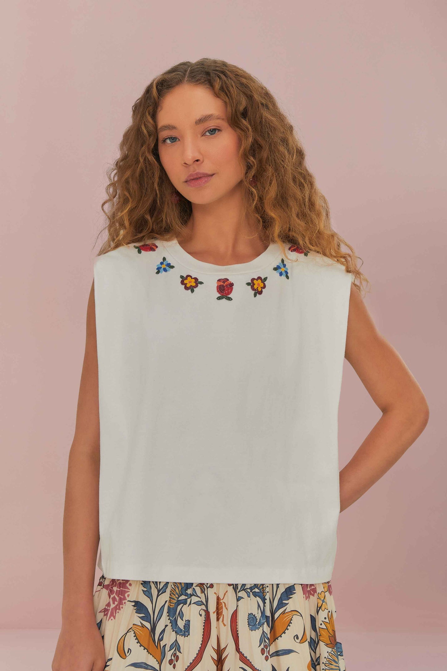 FARM Rio White Beaded Flowers T-Shirt