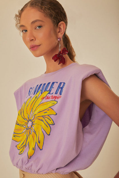 FARM Rio Lilac Summer In The Tropics Shoulder Pad Organic Cotton T-Shirt