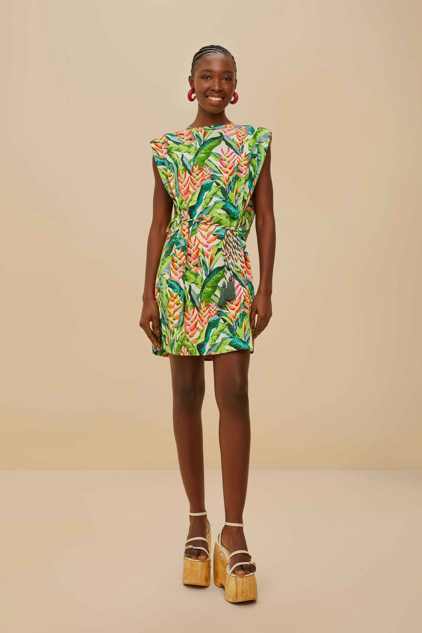 FARM Rio Off-White Heli Leaves Organic Cotton T-Shirt Mini Dress