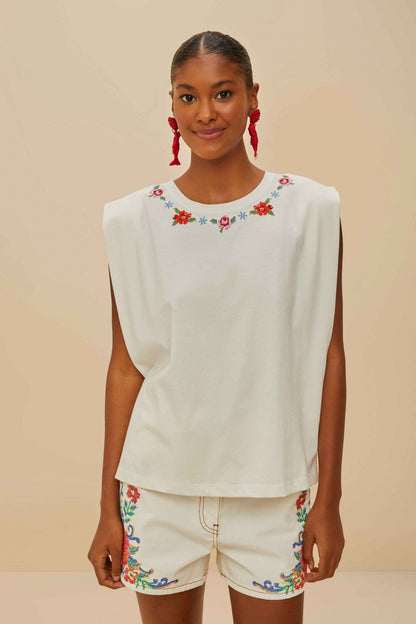 FARM Rio Off-White Cross Stitch Flowers Organic Cotton T-Shirt