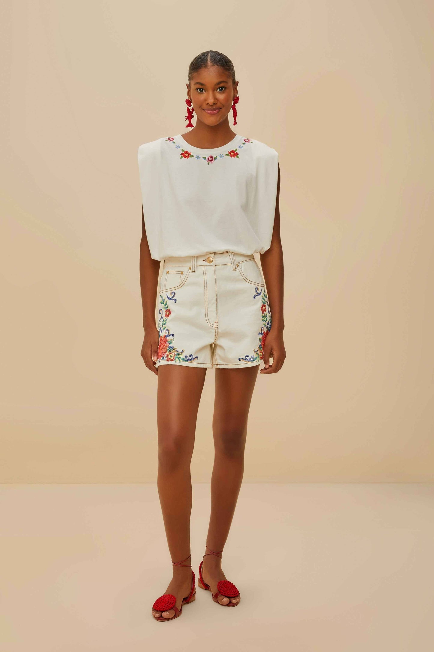 FARM Rio Off-White Cross Stitch Flowers Organic Cotton T-Shirt