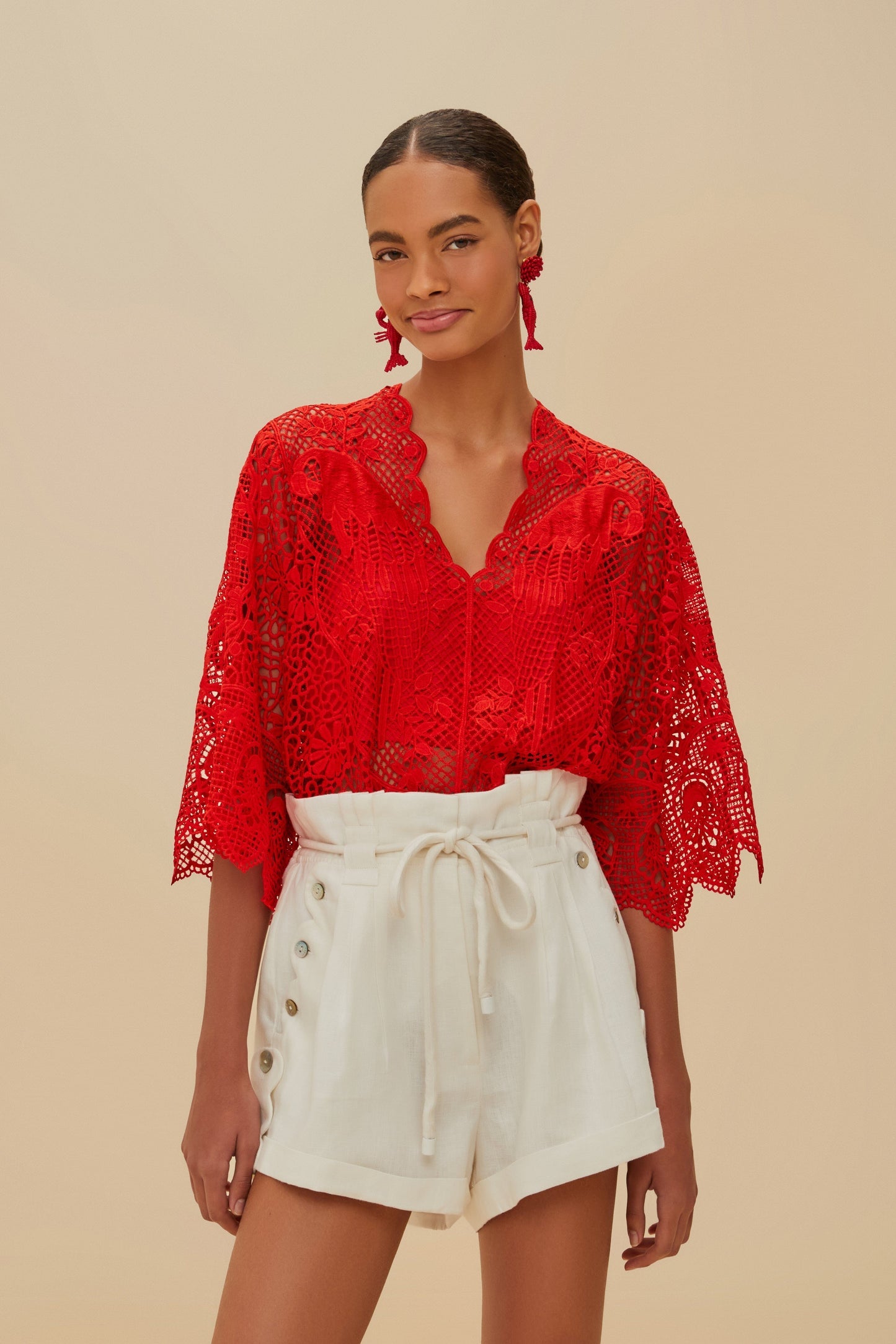 FARM Rio Red Landscape Guipure Bodysuit