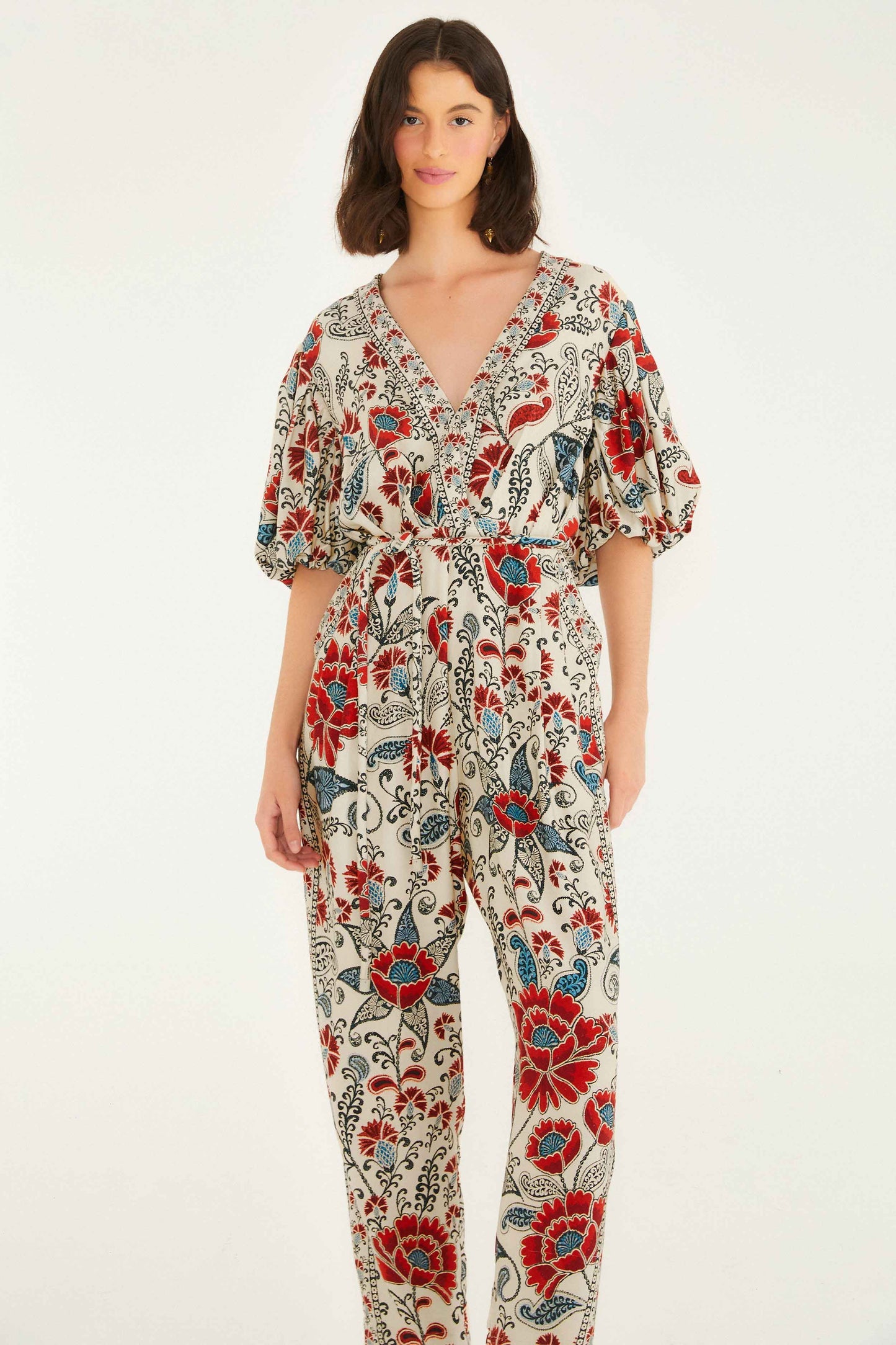 FARM Rio Sand Francesca V Neckline Short Sleeve Jumpsuit | FARM Rio