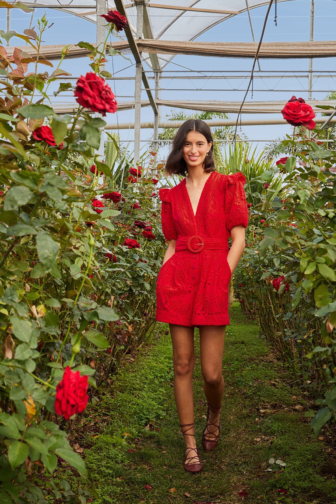 FARM Rio Red Eyelet Beaded Belt Romper