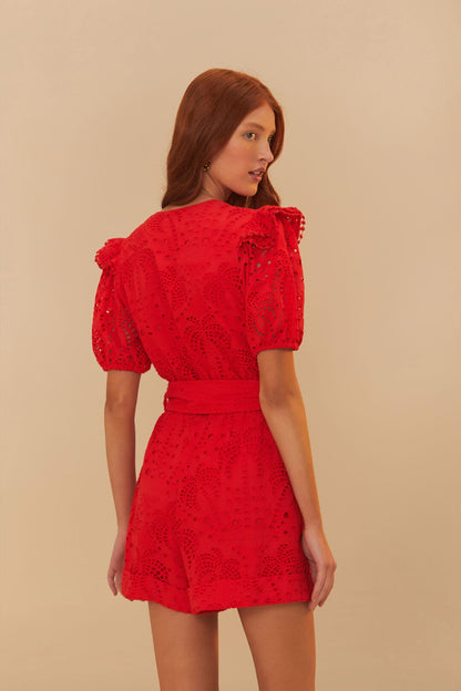 FARM Rio Red Eyelet Beaded Belt Romper