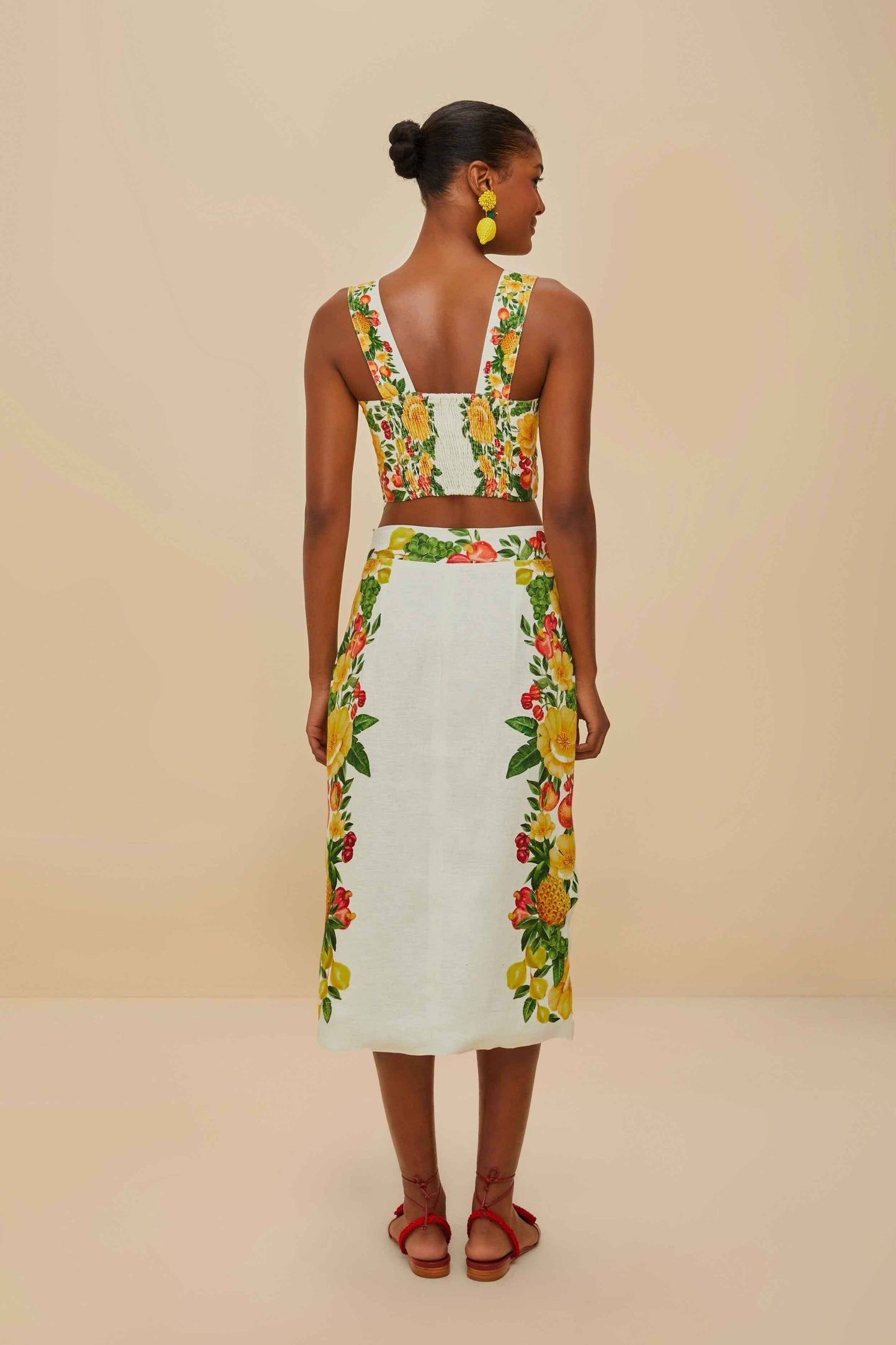 FARM Rio Off-White Picnic Flowers Euroflax™ Premium Linen Viscose Midi Skirt