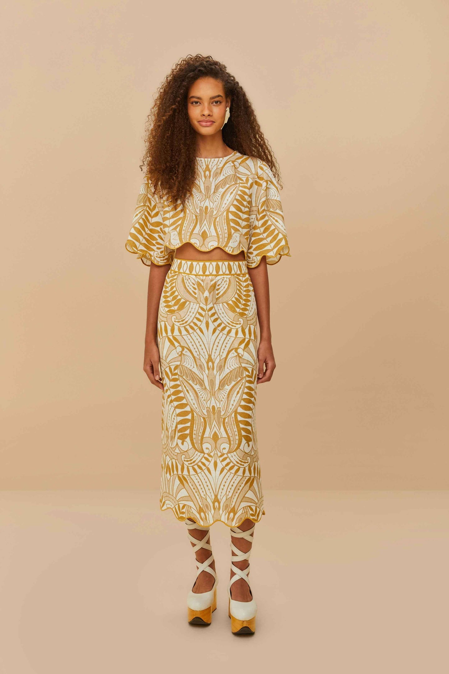 FARM Rio Off-White Lace Nature Euroflax™ Premium Linen Midi Skirt