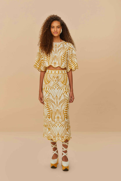 FARM Rio Off-White Lace Nature Euroflax™ Premium Linen Midi Skirt