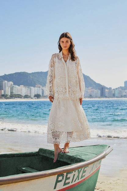 FARM Rio Off-White Swan Lake Guipure Midi Skirt