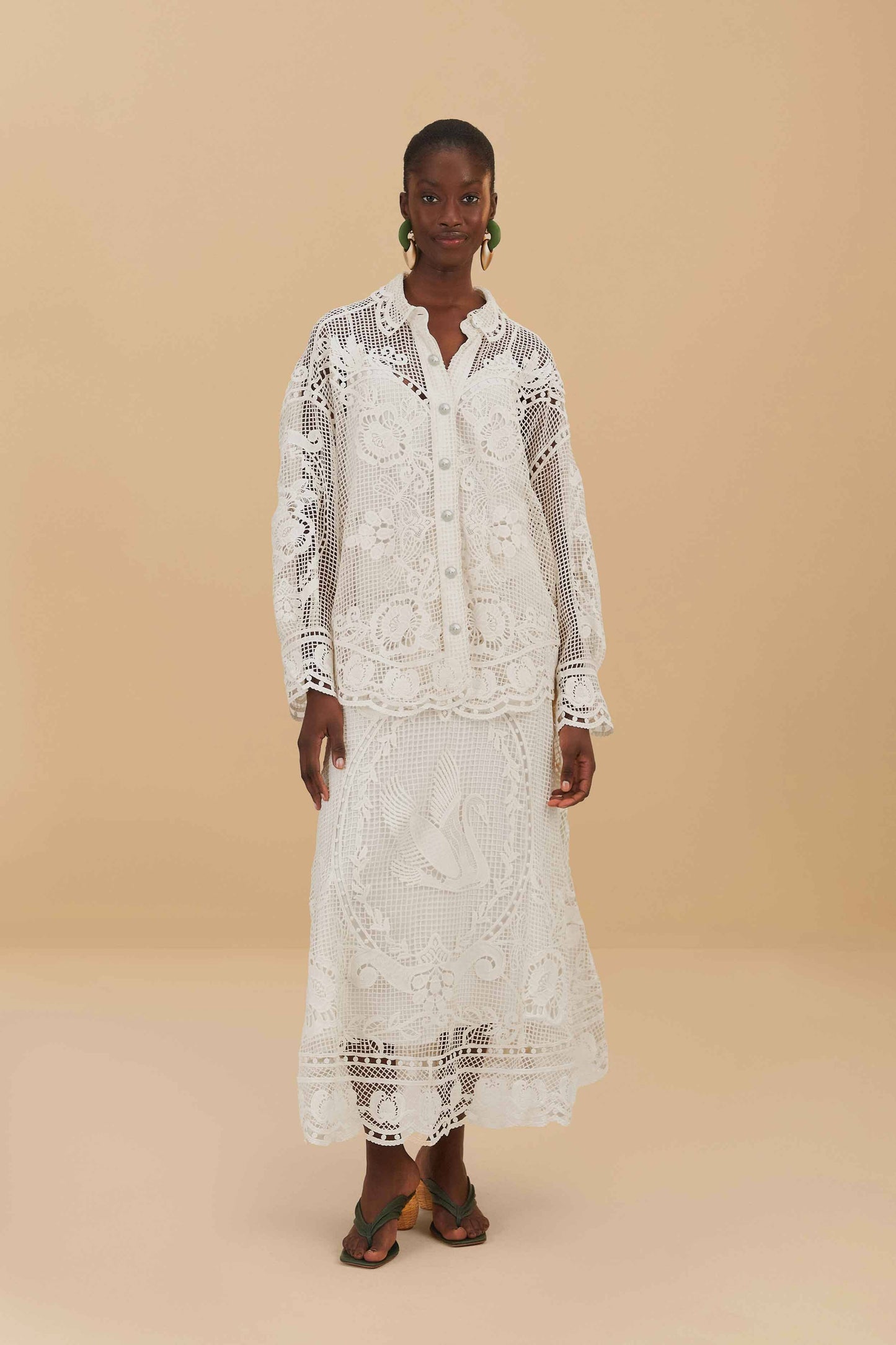 FARM Rio Off-White Swan Lake Guipure Midi Skirt