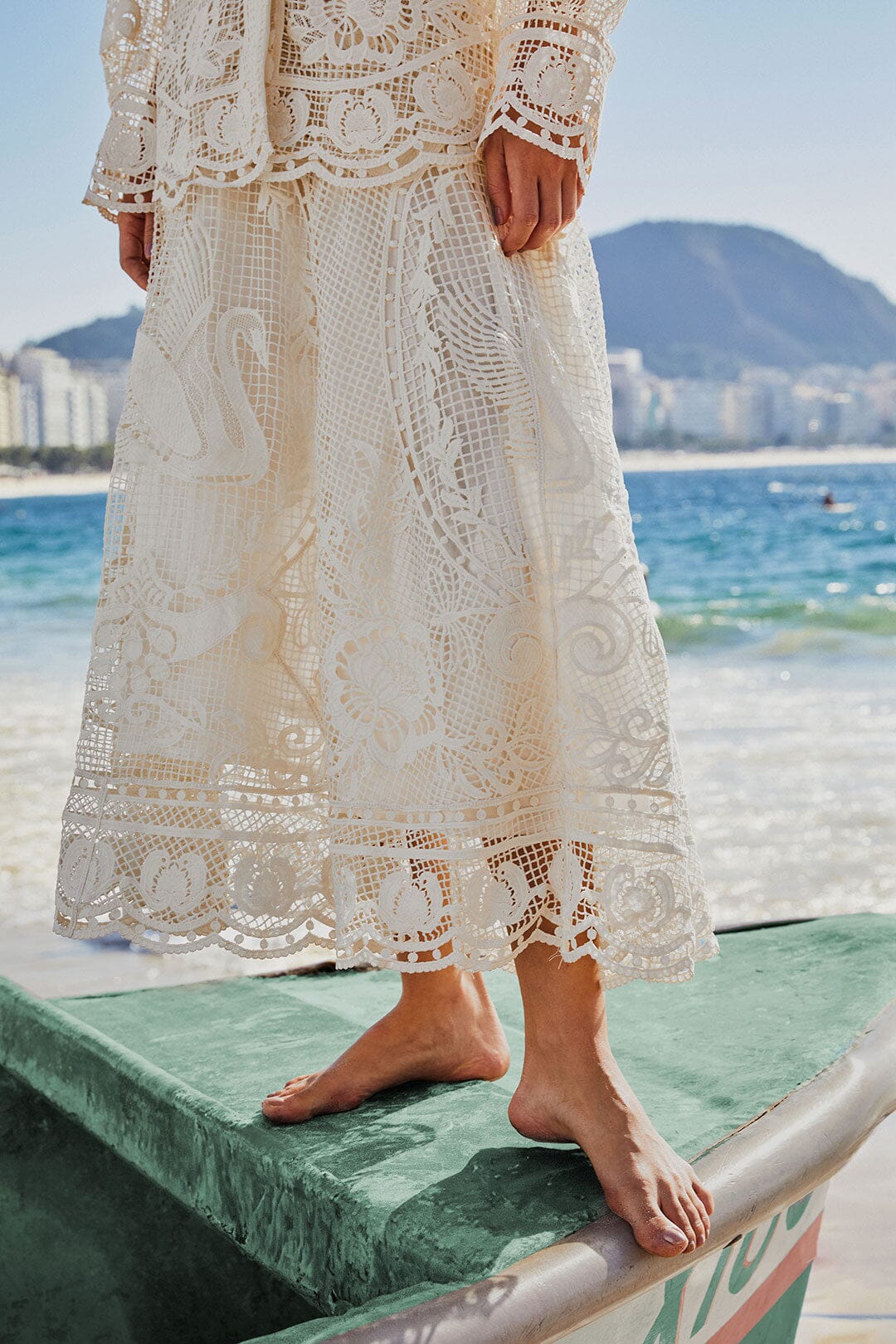 FARM Rio Off-White Swan Lake Guipure Midi Skirt