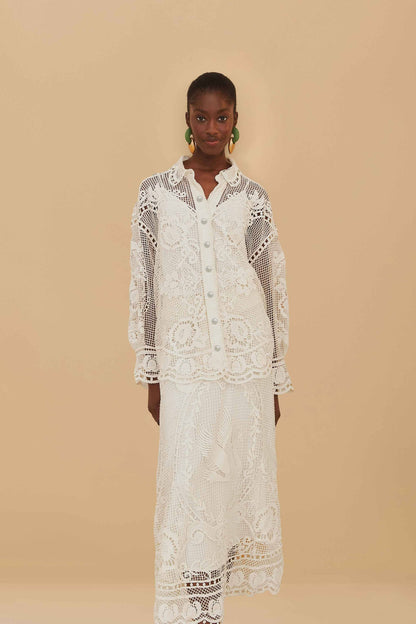 FARM Rio Off-White Swan Lake Guipure Midi Skirt